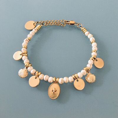 Bracelet femme gourmette croix et coquillages plaqué or, bracelet doré, bracelet coquillage, bijoux cadeaux, bijou femme or (SKU: PR-196)