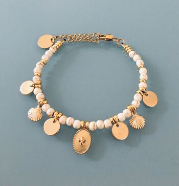 Bracelet femme gourmette croix et coquillages plaqué or, bracelet doré, bracelet coquillage, bijoux cadeaux, bijou femme or (SKU: PR-196)