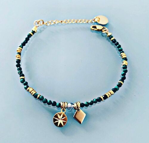 Bracelet malachites et rose des vents, bracelet femme gourmette pierres naturelles magiques et perles Heishi plaqué or 24 k, bracelet doré (SKU: PR-197)