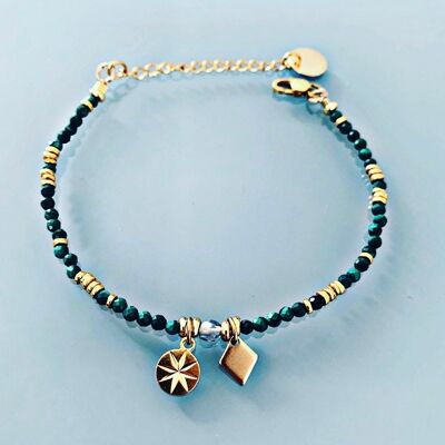 Armband aus Malachit und Windrose, Damenarmband, magische Natursteine und Heishi-Perlen, 24k vergoldet, goldenes Armband (SKU: PR-197)
