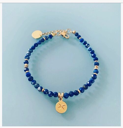 Bracelet Lapis Lazuli et rose des vents, bracelet femme gourmette pierres naturelles magiques et perles Heishi plaqué or 24 k, bracelet doré (SKU: PR-198)