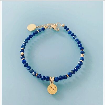 Bracelet Lapis Lazuli et rose des vents, bracelet femme gourmette pierres naturelles magiques et perles Heishi plaqué or 24 k, bracelet doré (SKU: PR-198)