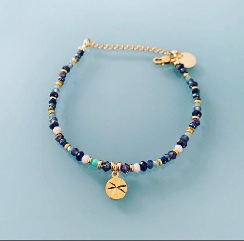 Bracelet Perles et rose des vents, bracelet femme gourmette pierres naturelles magiques et perles Heishi plaqué or 24 k, bracelet doré (SKU: PR-208)