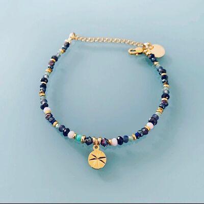 Pulsera de abalorios y rosa de los vientos, pulsera de mujer con piedras naturales mágicas y abalorios Heishi chapado en oro de 24k, pulsera dorada (SKU: PR-208)