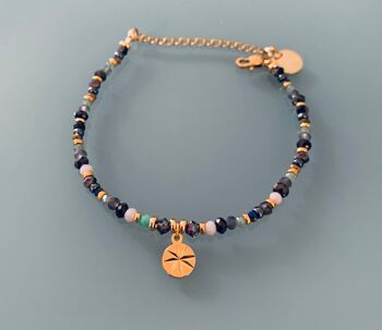 Bracelet Perles et rose des vents, bracelet femme gourmette pierres naturelles magiques et perles Heishi plaqué or 24 k, bracelet doré (SKU: PR-208) 3
