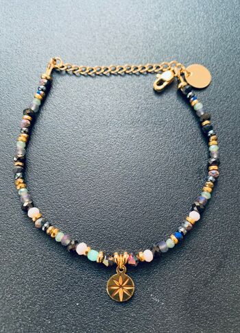 Bracelet Perles et rose des vents, bracelet femme gourmette pierres naturelles magiques et perles Heishi plaqué or 24 k, bracelet doré (SKU: PR-208) 5
