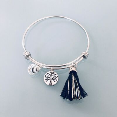Bracciale rigido albero della vita in argento, pompon e una perla da profumare, braccialetto da donna in argento, idea regalo, gioielli regalo, gioielli fortunati (SKU: PR-217)