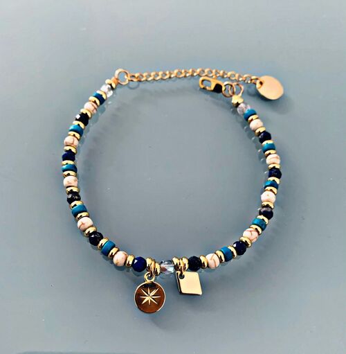 Bracelet Lapis Lazuli et rose des vents, bracelet femme gourmette pierres naturelles magiques et perles Heishi plaqué or 24 k, bracelet doré (SKU: PR-232)