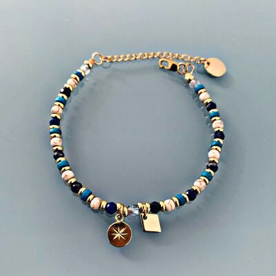 Pulsera lapislázuli y rosa de los vientos, pulsera curb mujer piedras naturales mágicas y cuentas Heishi bañadas en oro de 24k, pulsera dorada (SKU: PR-232)