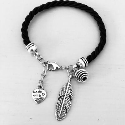 Bracelet femme en soie noire avec pendentif plume et pierre de lave parfumée, bijou noir femme, idée cad, bracelet plume, bijou plume (SKU: PR-233)