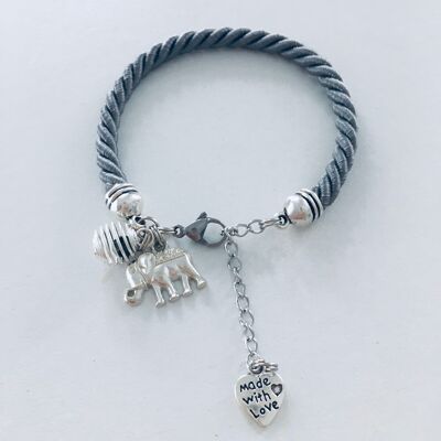 Bracelet gris avec pendentif éléphant et une perle à parfumer, bijoux, bracelet, porte bonheur, bijou, bracelets, cadeau de noel, bracelet (SKU: PR-231)