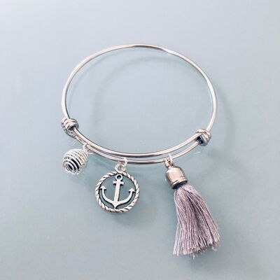 Armreif aus Edelstahl mit Anker, Bommel und einer Perle zum Parfümieren, Damenarmband aus Silber, Geschenkidee, Geschenkschmuck, Glücksschmuck (SKU: PR-242)