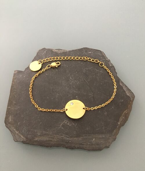 Bracelet femme gourmette avec médaille et zirconium, bracelet doré,  , bracelet zircon, bijoux cadeaux, bijou femme or cadeau de noel (SKU: PR-255)