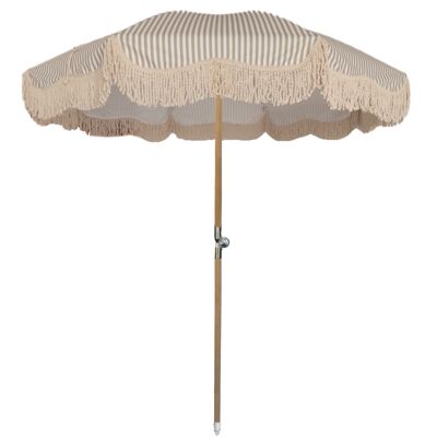 Vintage Style Outdoor Parasol Sun Shade - Beach, Garden, Glamping - Large 1.85m Wide -Fringe and Tilt Function- Matching Carry Bag - Olive Stripe