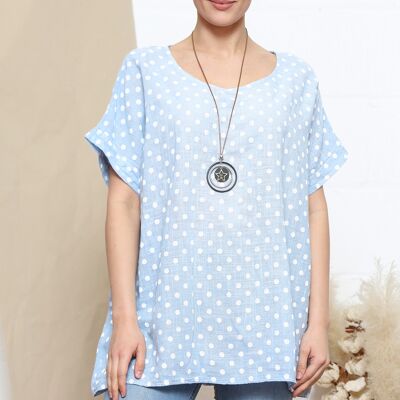 Baby Blue polka dot print top with necklace