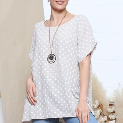 Beige polka dot print top with necklace