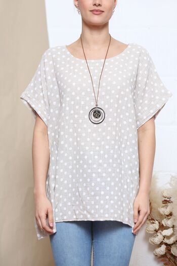 Top imprimé pois beige avec collier 4