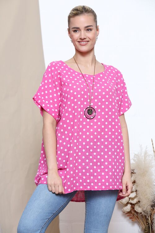 Fuchsia polka dot print top with necklace