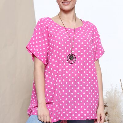 Fuchsia polka dot print top with necklace