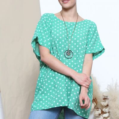 Green polka dot print top with necklace