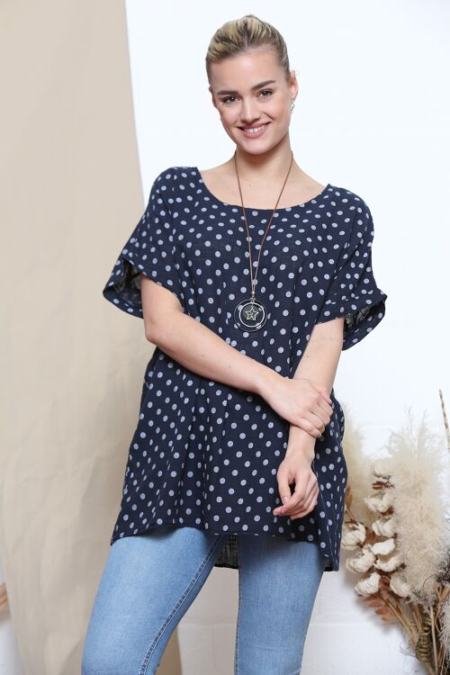 Navy polka dot print top with necklace
