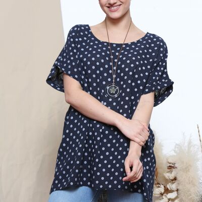 Navy polka dot print top with necklace
