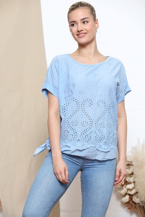 Baby Blue sangallo pattern top with side tie