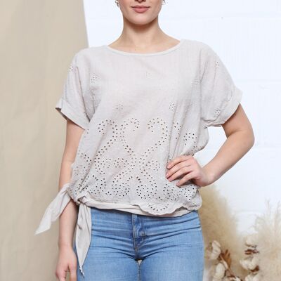 Beige sangallo pattern top with side tie