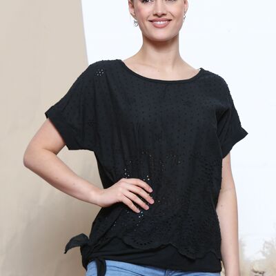 Black sangallo pattern top with side tie