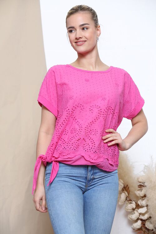 Fuchsia sangallo pattern top with side tie