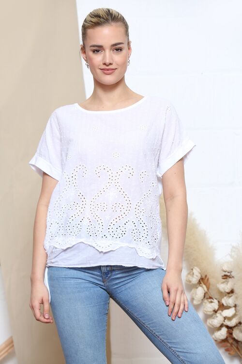 White sangallo pattern top with side tie