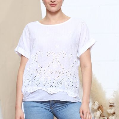 White sangallo pattern top with side tie