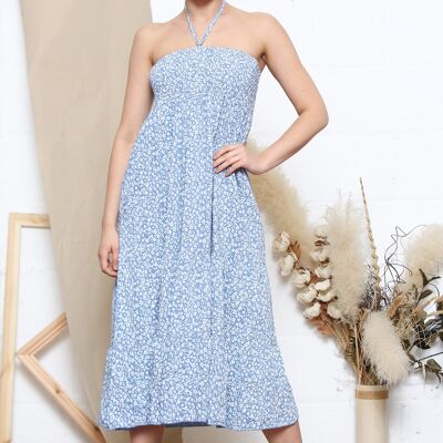 Robe bleu ciel à fleurs avec nœud au cou