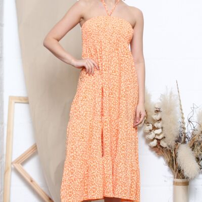 Vestido floral lazo cuello naranja