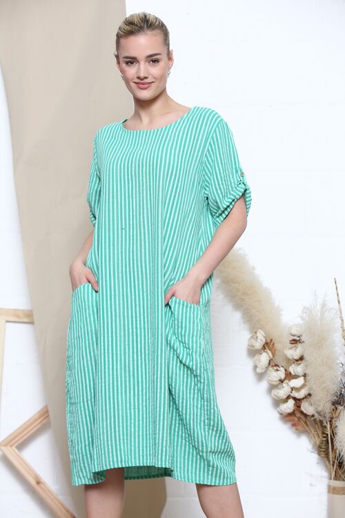 Green rolled sleeve striped dress