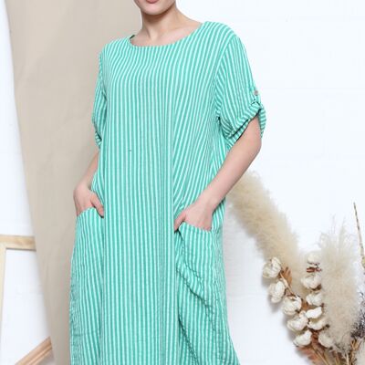 Green rolled sleeve striped dress