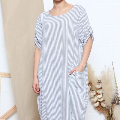 Grey rolled sleeve striped dress