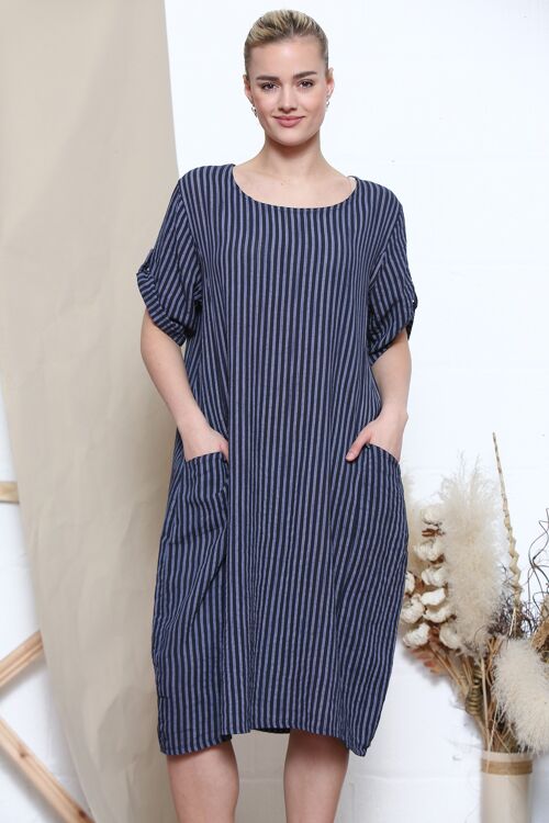 Navy rolled sleeve striped dress