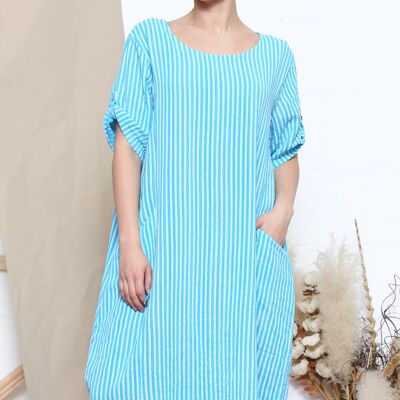 Sky Blue rolled sleeve striped dress