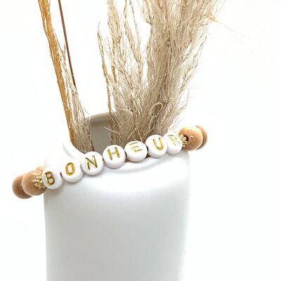 Bracelet perles en bois, message Bonheur