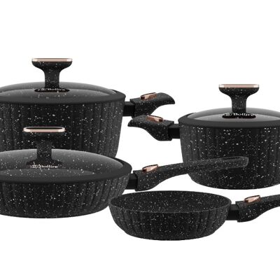 Cookware set SICILIA 7 pcs, non-stick. Casserole with silicone lid: 20x9.5cm 2.5L, and 24x11.5cm 4.4L. Frying pans: 20x4.8cm, 28x5.8cm with silicone lid