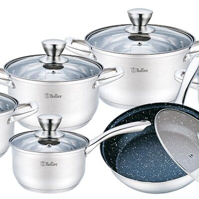 Cookware set with lid 6 pcs, Saucepan 1.6 L 16x9.5cm, casserole 1.7 L 16x10cm, casserole 2.4 L 18x11cm, casserole 3.3 L 20x12cm, casserole 5.8 L 20x14cm, frying pan 2.4 L 24x6.5cm with marble non-stick coating