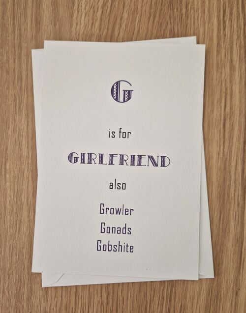 Funny rude birthday card - Girlfriend Card - "G" is for Girlfriend