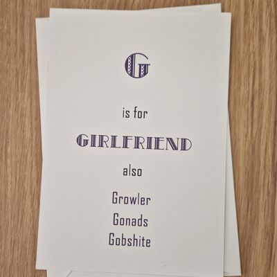 Tarjeta de cumpleaños grosera divertida - Tarjeta de novia - "G" es para novia
