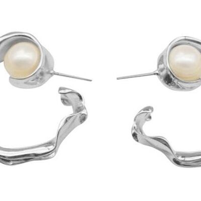 Silver liquid pearl hoop earrings