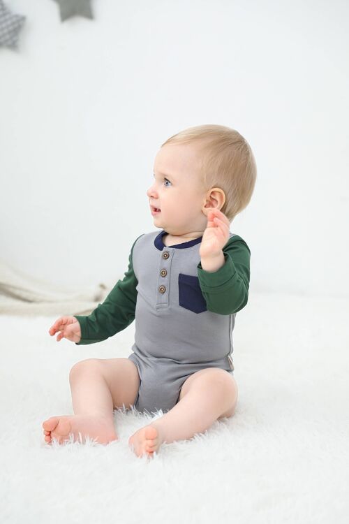Bamboo Block Color Bodysuit with Pocket - Cloudy/ Evergreen