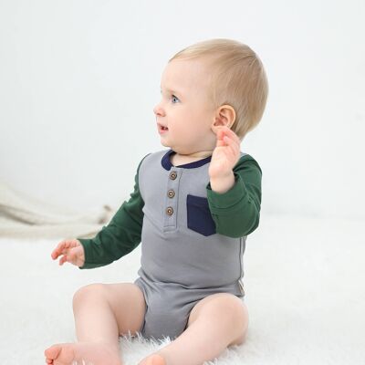 Bamboo Block Color Bodysuit with Pocket - Cloudy/ Evergreen