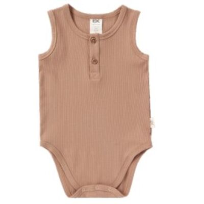 Bamboo Sleeveless Ribbed Bodysuit with Buttons - Chocolate