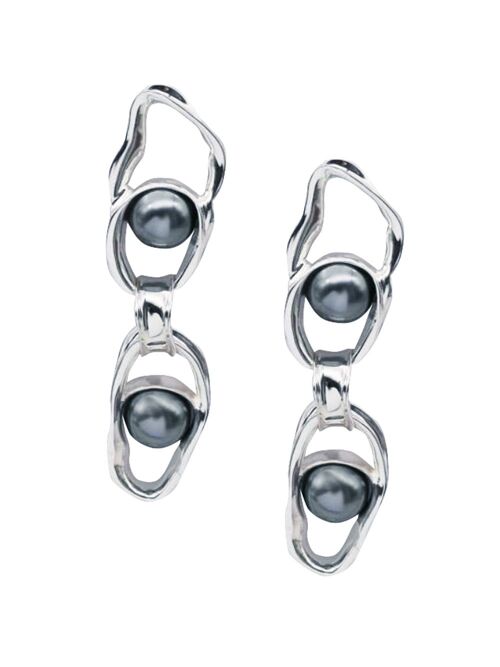 Silver liquid black pearl chain earrings