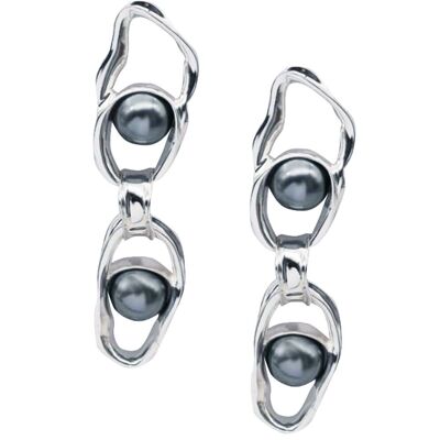 Silver liquid black pearl chain earrings